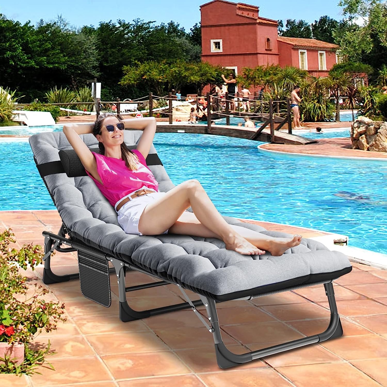 Slsy Folding Lounge Chair, 5-Position Adjustable Outdoor Reclining Chair, Folding Sleeping Bed Cot, Folding Chaise Lounge Chair for Pool Beach Patio Sunbathing