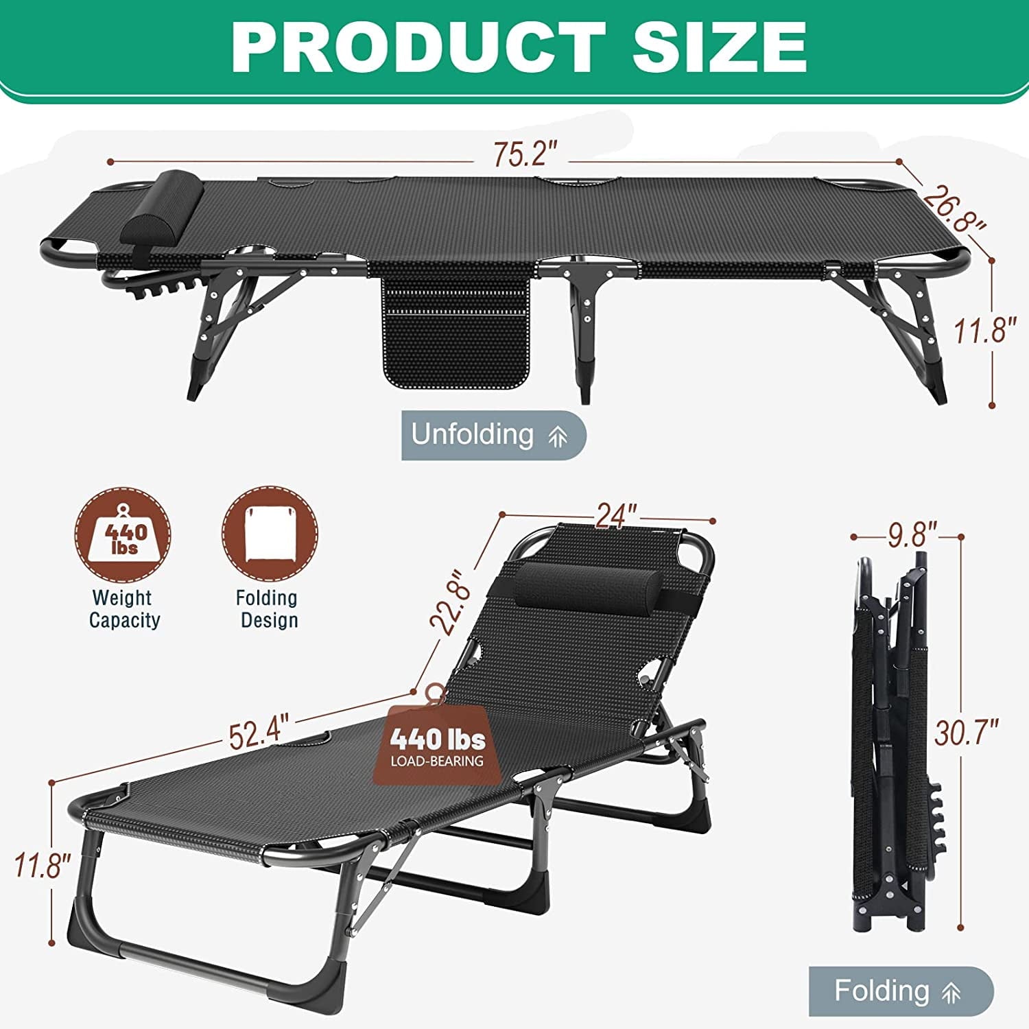 Slsy Portable Folding Camping Cot Bed with 2 Sided Mattress & Pillow, Adjustable 5-Position Folding Lounge Chair, Folding Rollaway Guest Bed