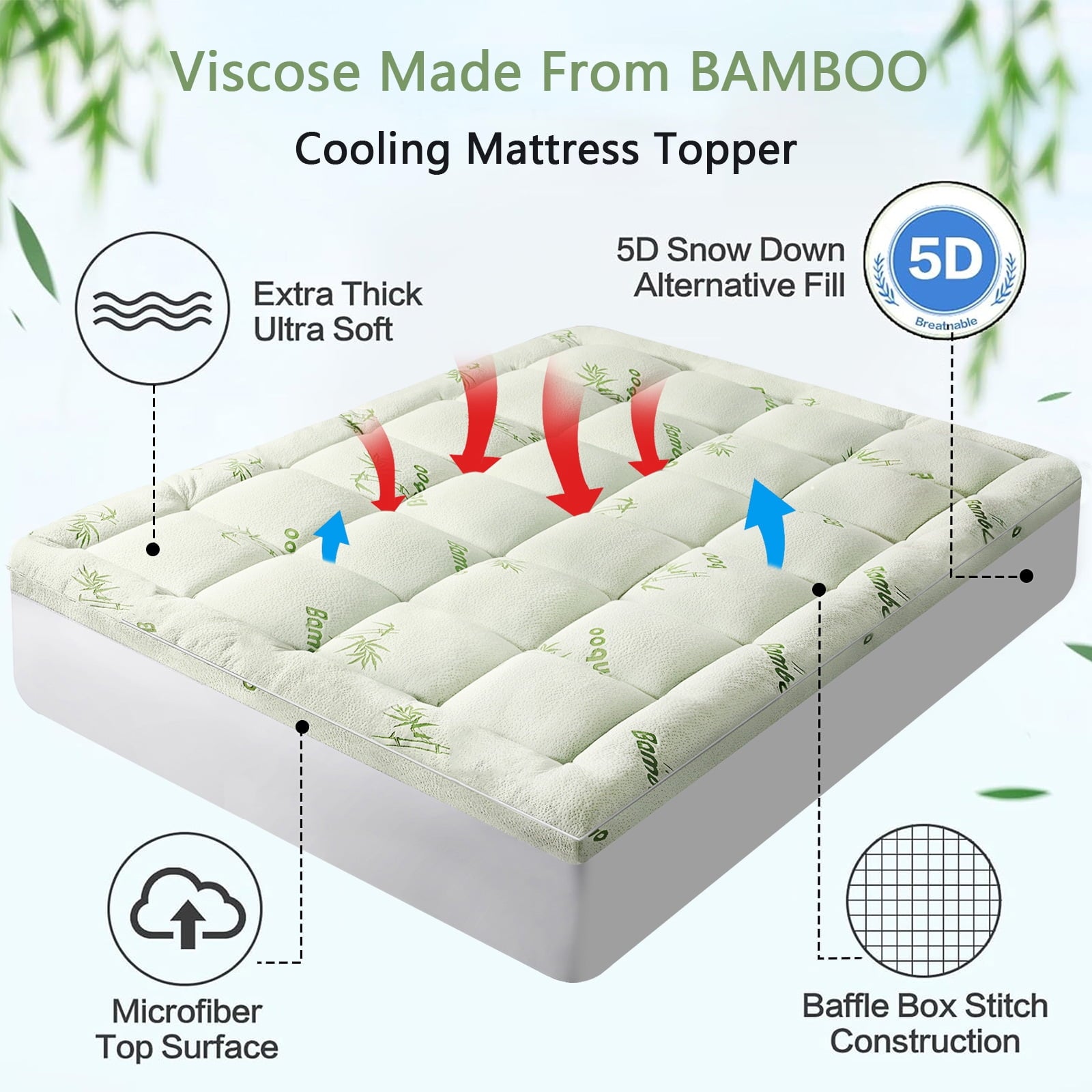 Mattress Topper Twin XL Size Bed,Bamboo Extra Thick Mattress Pad Cover Soft Plush Noiseless Down Alternative Fill,with 8-21" Deep Pocket