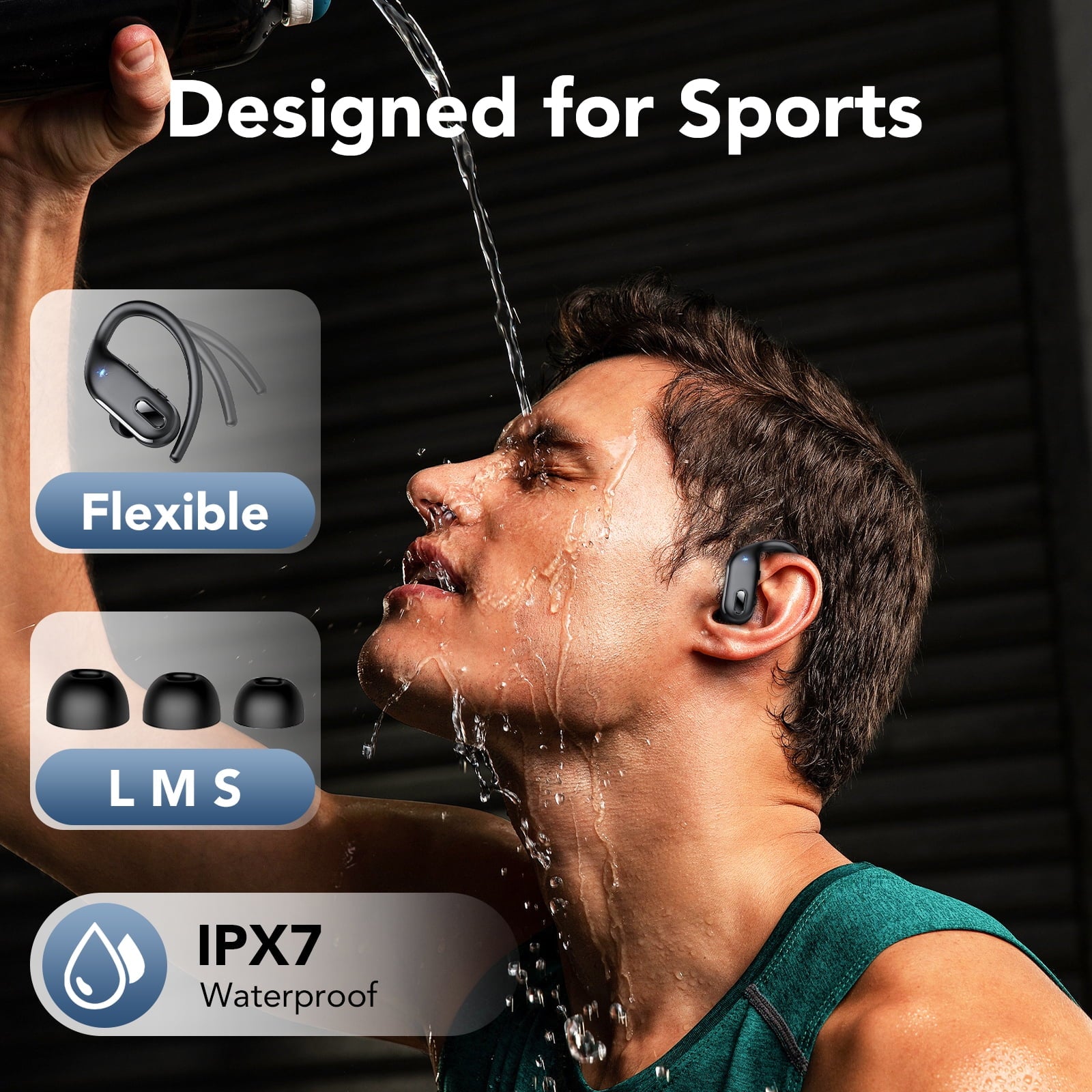 Wireless Earbuds, Bluetooth 5.4 Sport Headphones with Earhooks, 80Hrs Playtime, 3D HiFi Stereo, Noise Cancelling Mic, IP7 Waterproof Workout Earphones for Running Gym, iOS/Android, Black