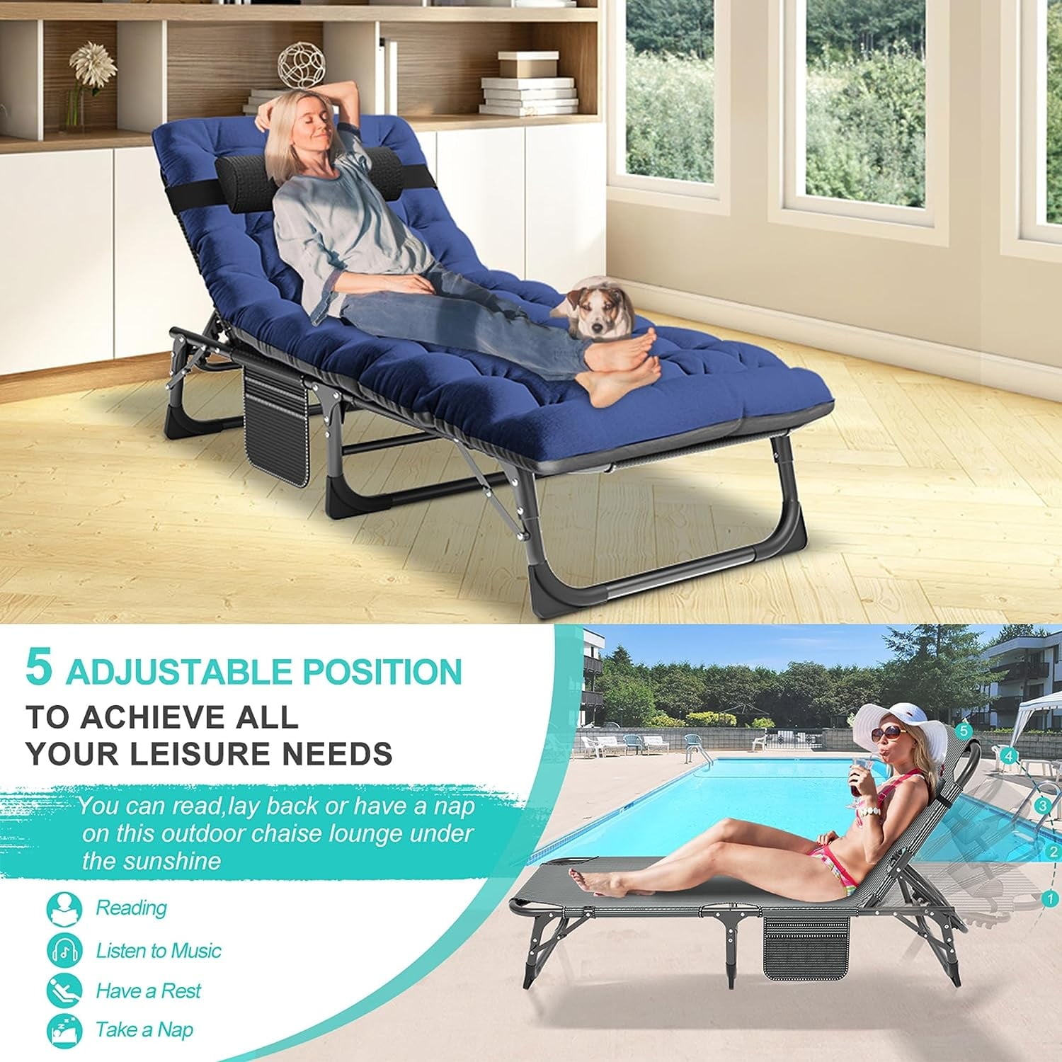 Slsy Portable Folding Camping Cot Bed with 2 Sided Mattress & Pillow, Adjustable 5-Position Folding Lounge Chair, Folding Rollaway Guest Bed