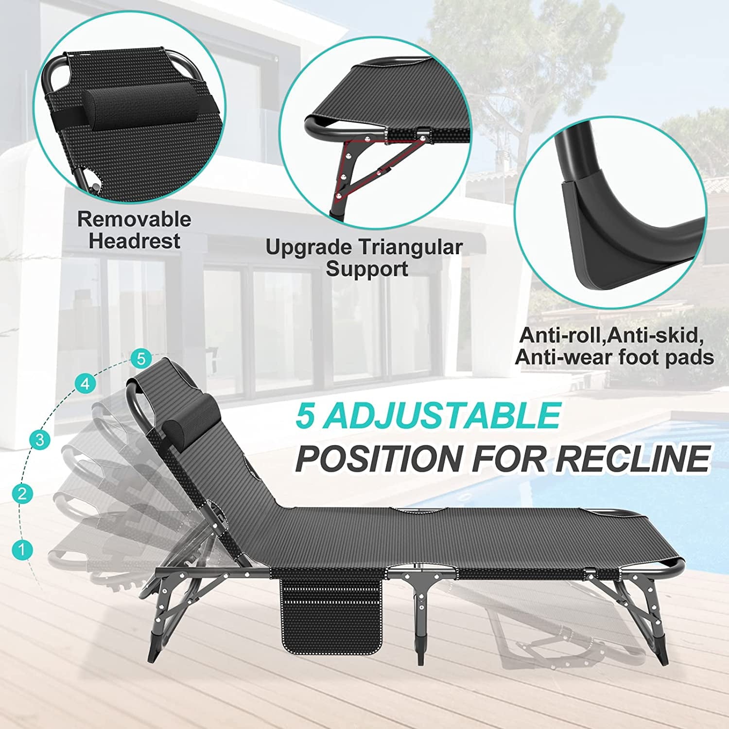 Slsy Folding Lounge Chair, 5-Position Adjustable Outdoor Reclining Chair, Folding Sleeping Bed Cot, Folding Chaise Lounge Chair for Pool Beach Patio Sunbathing