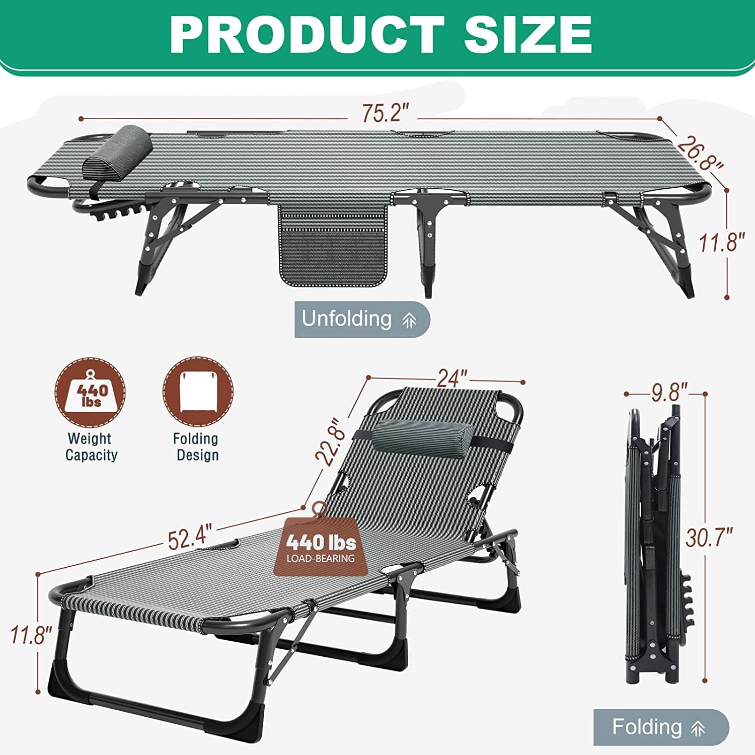 Slsy Portable Folding Camping Cot Bed with 2 Sided Mattress & Pillow, Adjustable 5-Position Folding Lounge Chair, Folding Cot Bed