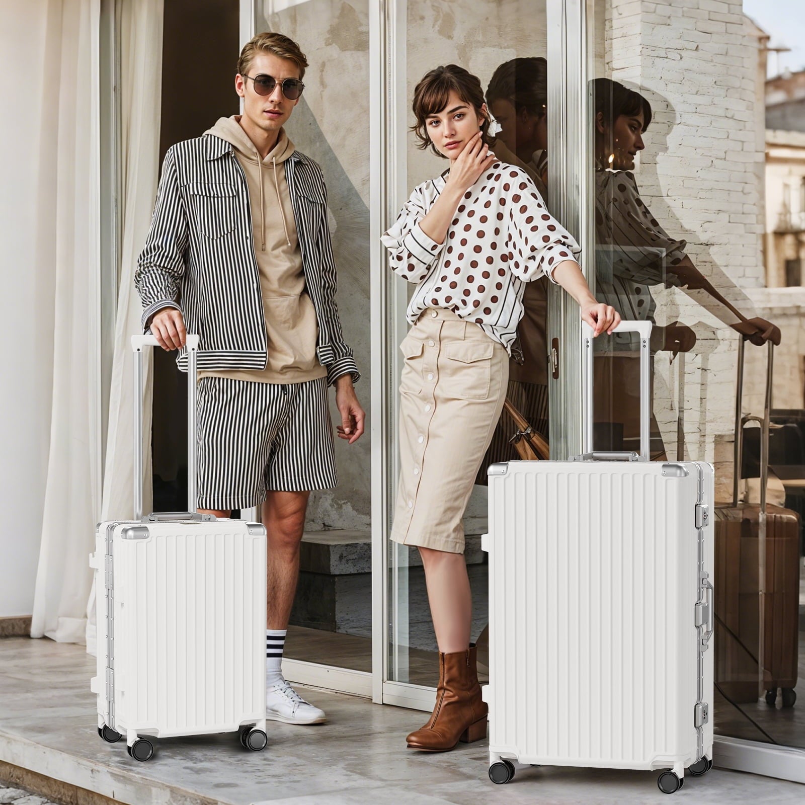 Luggage Sets 2 Piece Hard Shell PC ABS Aluminium Frame Suitcase with Spinner Wheels TSA Lock Zipperless 20 28 inch White