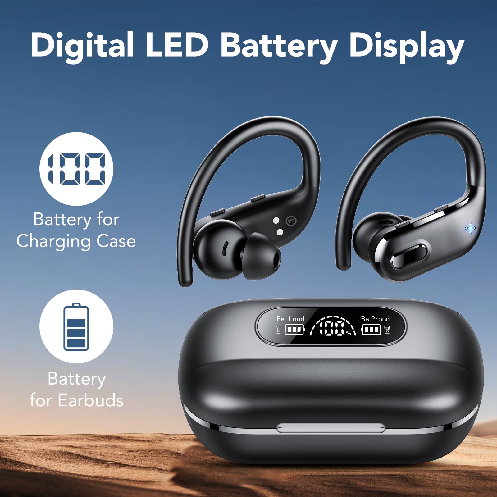 Wireless Earbuds, Bluetooth 5.4 Sport Headphones with Earhooks, 80Hrs Playtime, 3D HiFi Stereo, Noise Cancelling Mic, IP7 Waterproof Workout Earphones for Running Gym, iOS/Android, Black