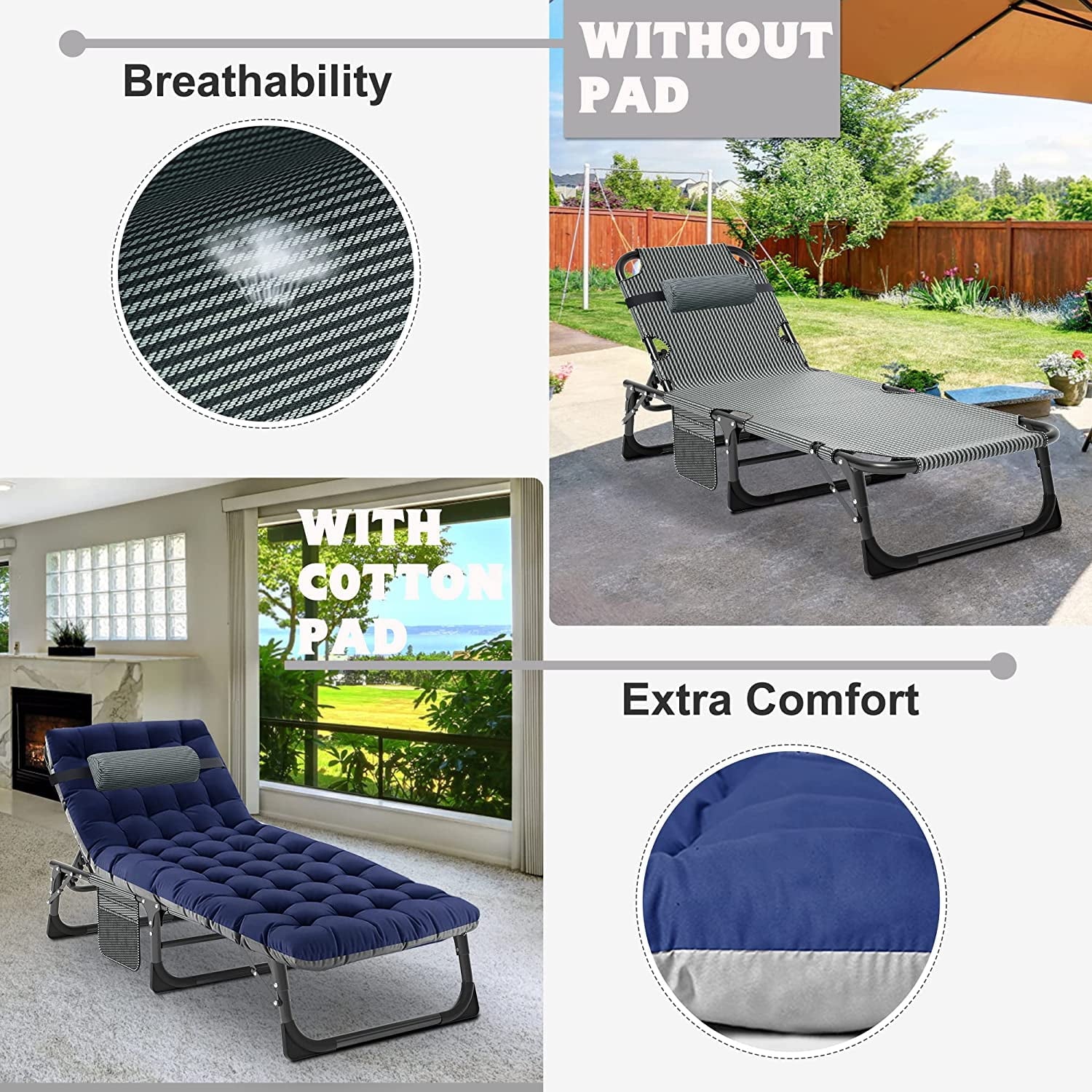 Slsy Portable Folding Camping Cot Bed with 2 Sided Mattress & Pillow, Adjustable 5-Position Folding Lounge Chair, Folding Cot Bed