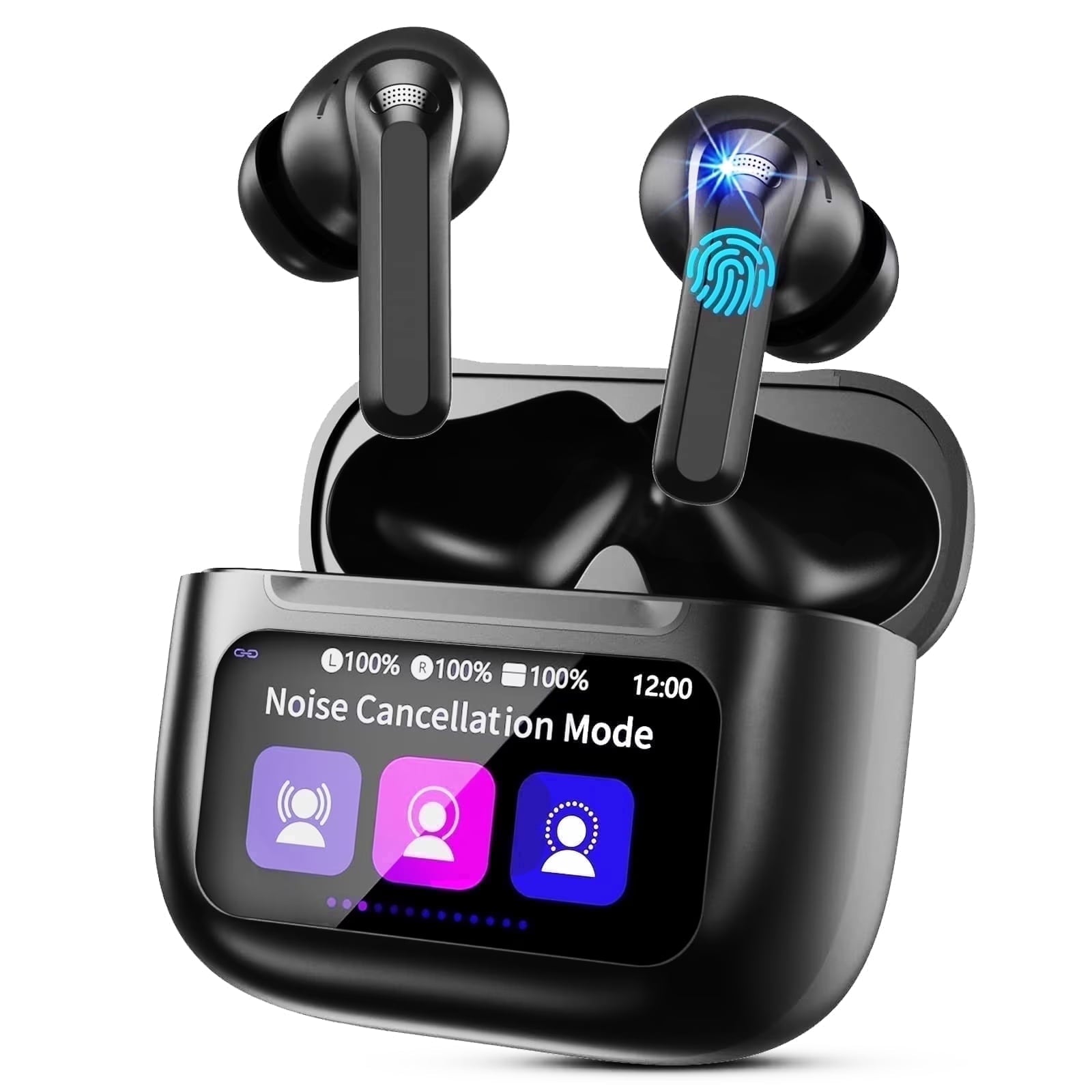 Touch Screen Wireless Earbuds Bluetooth Headphones with 50H Playtime, Noise Cancelling Headphones with Mic IPX7 Waterproof in Ear Earphones for Pad Android/iOS Phones Gifts for Women Men, Black