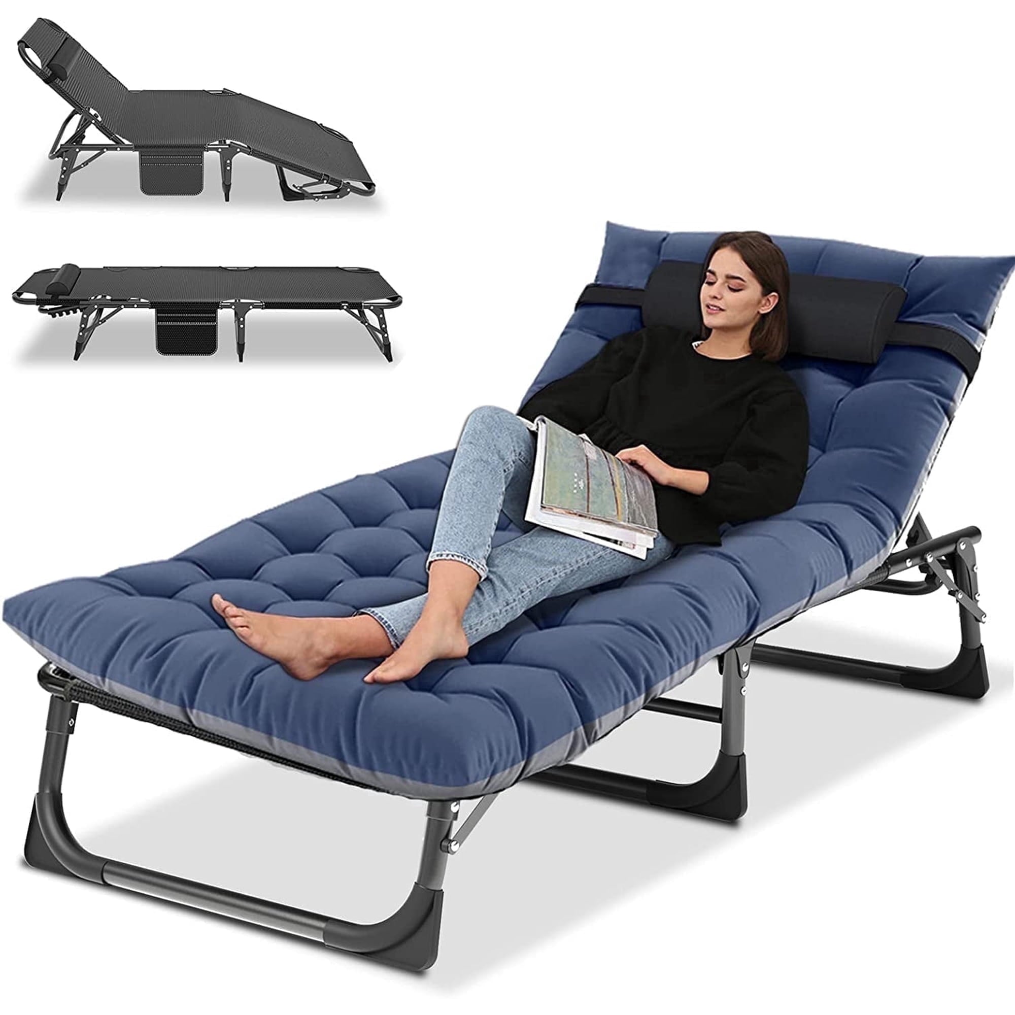 Slsy Portable Folding Camping Cot Bed with 2 Sided Mattress & Pillow, Adjustable 5-Position Folding Lounge Chair, Folding Rollaway Guest Bed