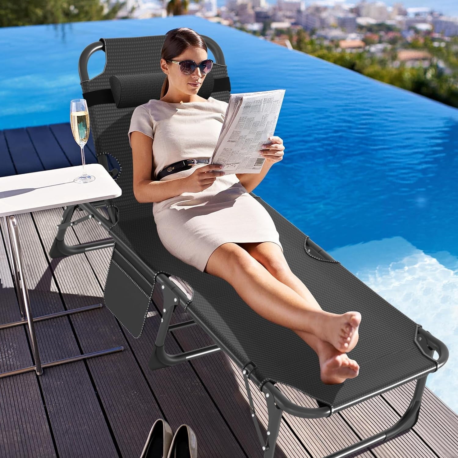 Slsy Folding Lounge Chair, 5-Position Adjustable Outdoor Reclining Chair, Folding Sleeping Bed Cot, Folding Chaise Lounge Chair for Pool Beach Patio Sunbathing