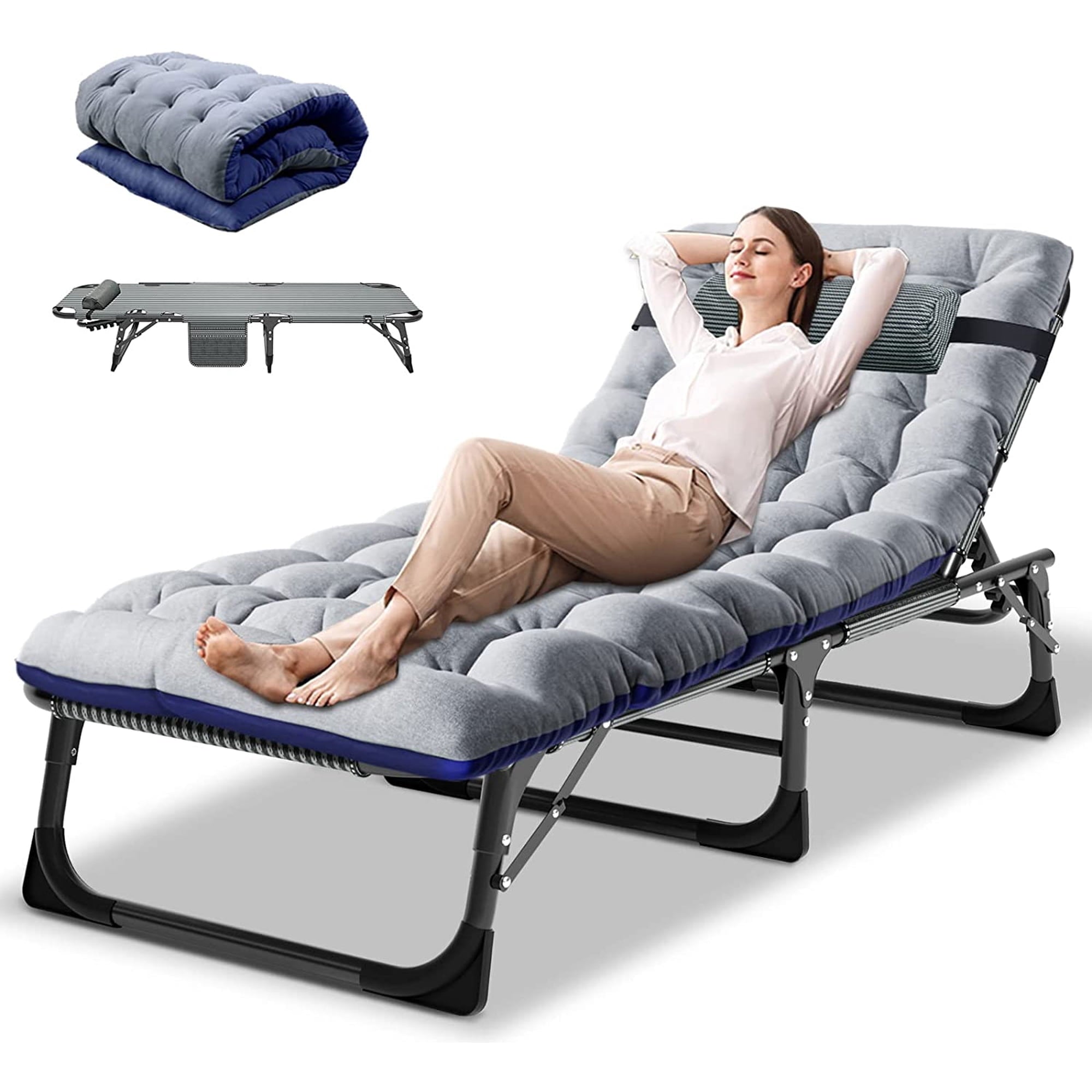 Slsy Portable Folding Camping Cot Bed with 2 Sided Mattress & Pillow, Adjustable 5-Position Folding Lounge Chair, Folding Cot Bed