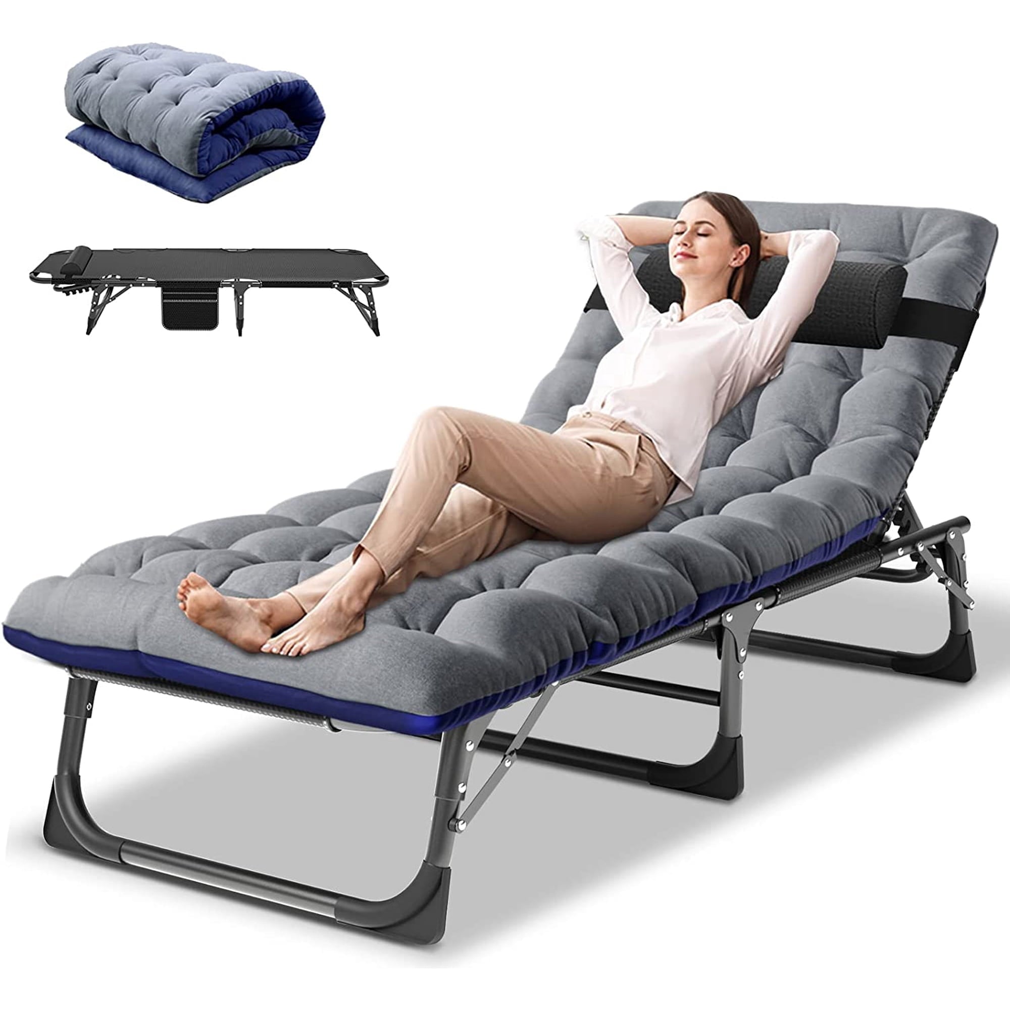 Slsy Portable Folding Camping Cot Bed with 2 Sided Mattress & Pillow, Adjustable 5-Position Folding Lounge Chair, Folding Rollaway Guest Bed